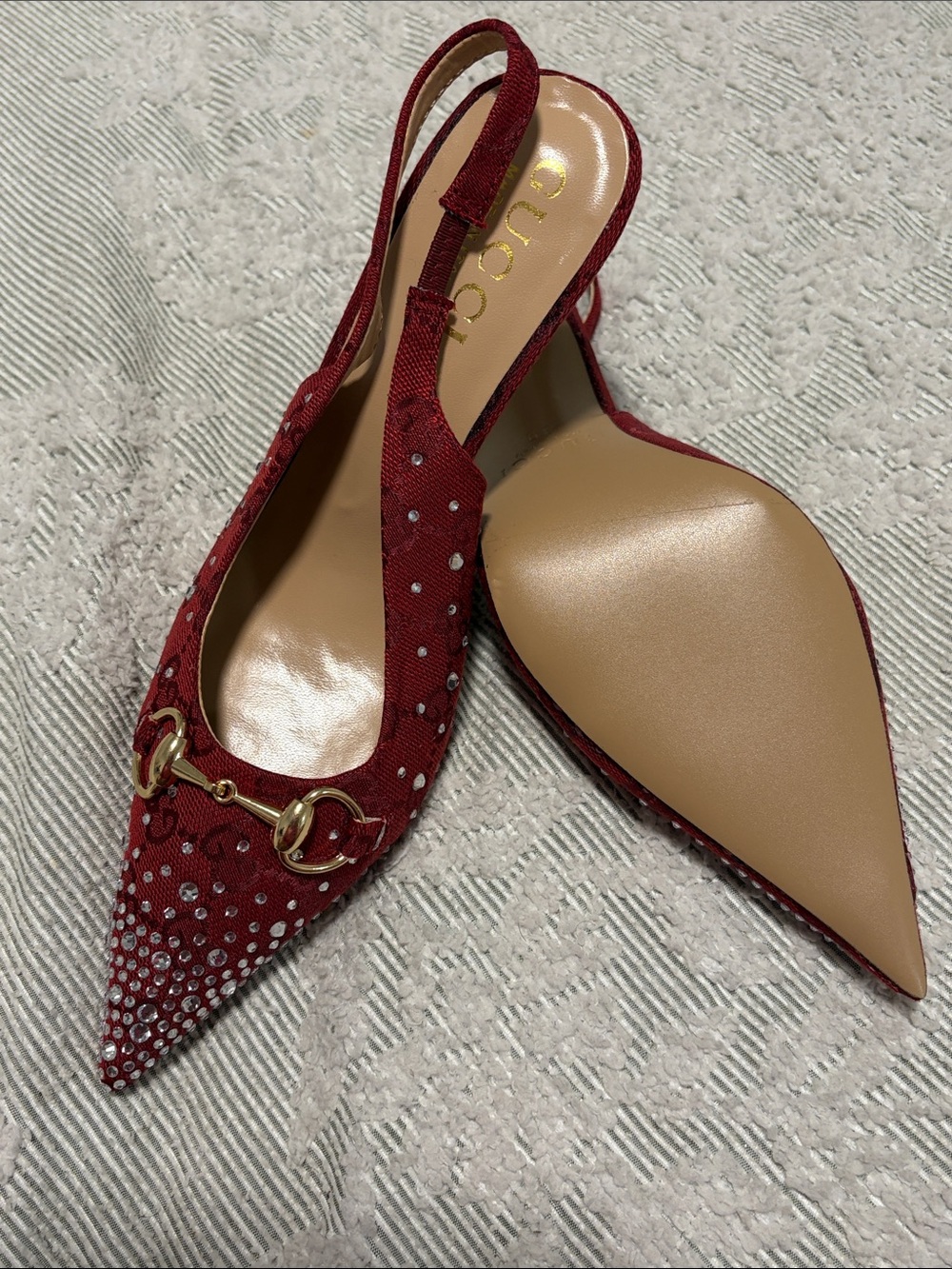 Red Crystal-Embellished Slingback Pointed-Toe Mules